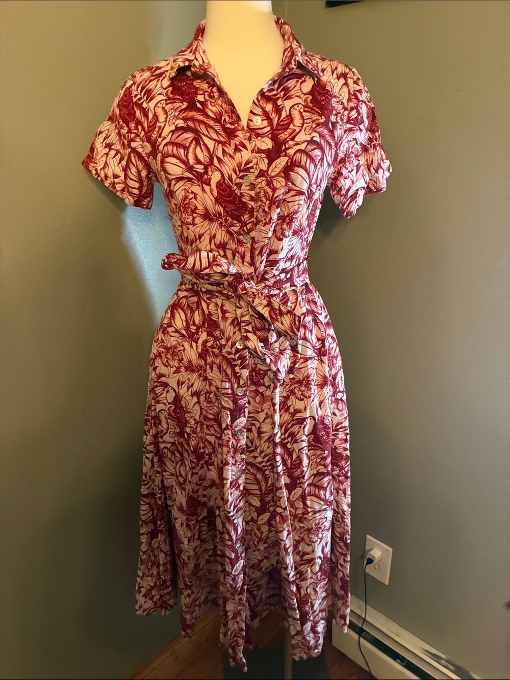 Rachel Zoe Red and Cream Floral Midi Shirt Dress